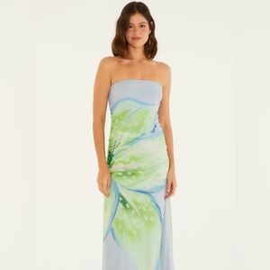 🔆FARM Rio Strapless Blue and Green Floral Maxi Dress